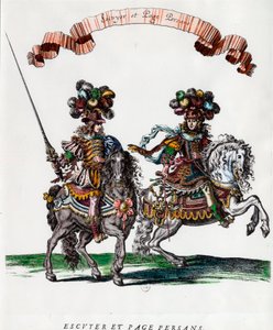 ルイ14世（1639-1715）から贈られたカルーセル（回転木馬）の中のエキュイエとペルシャ人のページ 1662年頃のフランソワ・ショーボー（1613-1676）によるエングレーヴィング 個人蔵 作： Francois Chauveau