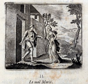 悪は結婚する。ジャン・ド・ラ・フォンテーヌ（1621-95）の寓話。挿絵はフランソワ・ショーボー（1613-1676）。1728年の版。 作： Francois Chauveau