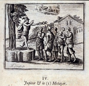 ジュピターとメティエールジャン・ド・ラ・フォンテーヌ（1621-95）の寓話。挿絵はフランソワ・ショーボー（1613-1676）。1728年の版。