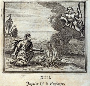 ジュピターと乗客。ジャン・ド・ラ・フォンテーヌ（1621-95）の寓話。挿絵はフランソワ・ショーボー（1613-1676）。1728年の版。 作： Francois Chauveau