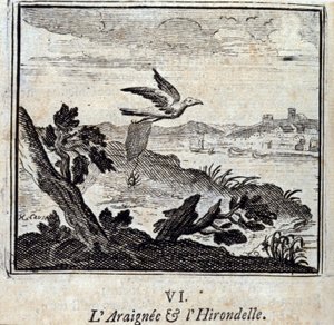 ジャン・ド・ラ・フォンテーヌ（1621-95）の寓話「蜘蛛と燕」。フランソワ・ショーボー（1613-1676）によるイラスト。1728年の版。 作： Francois Chauveau