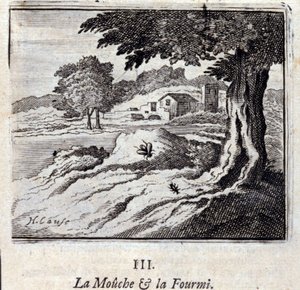ジャン・ド・ラ・フォンテーヌ（1621-95）の寓話集。フランソワ・ショーボー（1613-1676）によるイラスト。1728年の版。 作： Francois Chauveau