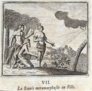 La Souris metamorphosed into a girl.Fables by Jean de La Fontaine (1621-95).挿絵はフランソワ・ショーボー（1613-1676）。1728年の版。