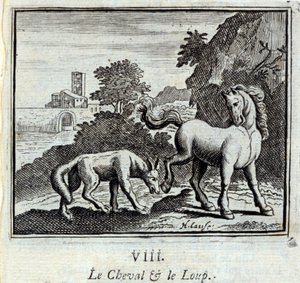 ジャン・ド・ラ・フォンテーヌ（1621-95）の「馬と狼」の寓話。フランソワ・ショーボー（1613-1676）によるイラスト。1728年の版。 作： Francois Chauveau