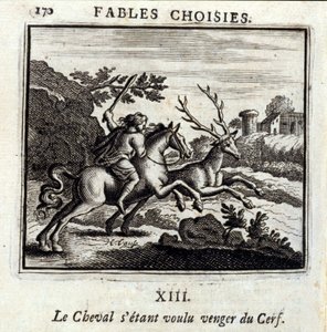 Le ChevalはDeerに復讐したかった。ジャン・ド・ラ・フォンテーヌ（1621-95）の寓話。挿絵はフランソワ・ショーボー（1613-1676）。1728年の版。 作： Francois Chauveau