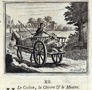 ジャン・ド・ラ・フォンテーヌ（1621-95）の寓話集。フランソワ・ショーボー（1613-1676）によるイラスト。1728年の版。 作： Francois Chauveau