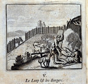 ジャン・ド・ラ・フォンテーヌ（1621-95）の「狼と羊飼いの寓話」。フランソワ・ショーボー（1613-1676）によるイラスト。1728年の版。