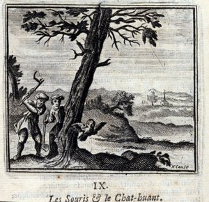 ジャン・ド・ラ・フォンテーヌ（1621-95）の『ネズミと猫のヒュアン』寓話。フランソワ・ショーボー（1613-1676）によるイラスト。1728年の版。
