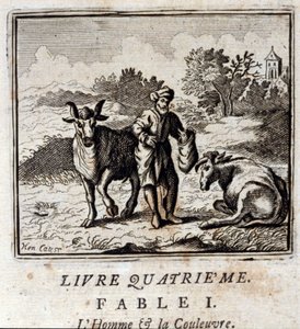 人と蛇。ジャン・ド・ラ・フォンテーヌ（1621-95）の寓話。挿絵はフランソワ・ショーボー（1613-1676）。1728年の版。 作： Francois Chauveau