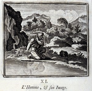 人間とそのイメージジャン・ド・ラ・フォンテーヌ（1621-95）の寓話。挿絵はフランソワ・ショーボー（1613-1676）。1728年の版。 作： Francois Chauveau