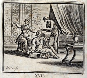 2つの年齢の間にいる男と、2人のウェイトレス。ジャン・ド・ラ・フォンテーヌ（1621-95）の寓話。挿絵はフランソワ・ショーボー（1613-1676）。1728年の版。