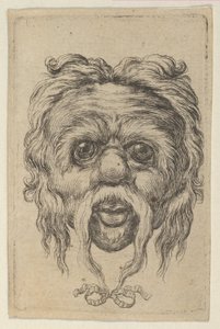 あごの下のリボンで結ばれた長い口ひげのマスク、Divers Masques、ca. 1635-45。 作： Francois Chauveau