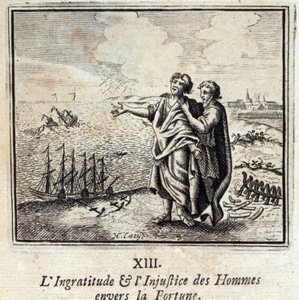 人の恩返しと幸運への不公平。ジャン・ド・ラ・フォンテーヌ（1621-95）の寓話。挿絵はフランソワ・ショーボー（1613-1676）。1728年の版。