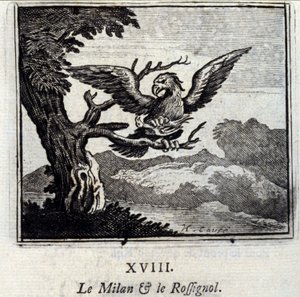 ミラノとナイチンゲールジャン・ド・ラ・フォンテーヌ（1621-95）の寓話。挿絵はフランソワ・ショーボー（1613-1676）。1728年の版。 作： Francois Chauveau