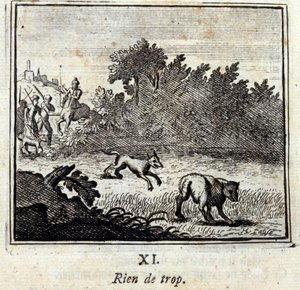過ぎたるは及ばざるが如し。ジャン・ド・ラ・フォンテーヌ（1621-95）の寓話。挿絵はフランソワ・ショーボー（1613-1676）。1728年の版。 作： Francois Chauveau