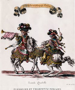 ルイ14世（1639-1715）から贈られたカルーセル（回転木馬）中のペルシャのティンバリエとトランペット フランソワ・ショーボー（1613-1676）によるエングレーヴィング 1662年頃 個人蔵 作： Francois Chauveau