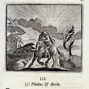 フェバスとボレ。ジャン・ド・ラ・フォンテーヌ（1621-95）の寓話。挿絵はフランソワ・ショーボー（1613-1676）。1728年の版。 作： Francois Chauveau
