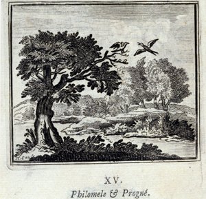 フィロメアとプログネジャン・ド・ラ・フォンテーヌ（1621-95）の寓話集。挿絵はフランソワ・ショーボー（1613-1676）。1728年の版。 作： Francois Chauveau