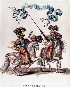 ルイ14世（1639-1715）から贈られたカルーセル（回転木馬）に乗っているローマのペイジたち フランソワ・ショーボー（1613-1676）によるエングレーヴィング 1662年頃 個人蔵 作： Francois Chauveau