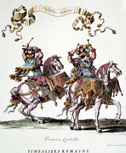 1662年にルイ14世（1638-1715）から贈られたカルーセル（回転木馬）の中のローマのティンバリエ フランソワ・ショーボー（1613-1676）のエングレーヴィング 17世紀 個人蔵