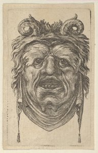 カールした角、緑豊かな眉毛、あごの下にぶら下がっている布を備えたサテュロス マスク。 1635-45。 作： Francois Chauveau