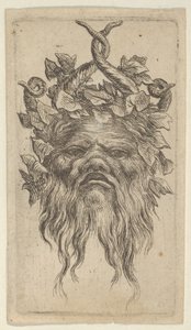 鉤状の角とツタの花輪を持つサテュロス マスク、ダイバーズ マスクス、カリフォルニア州。 1635-45。 作： Francois Chauveau