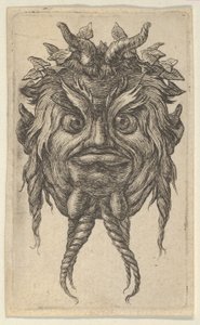 ツタの花輪を身に着けている角とねじれたひげを持つサテュロス マスク、『Divers Masque...』から。 1635-45。 作： Francois Chauveau