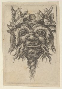 らせん状のあごひげと各角の周りにツタがグループ化されたサテュロス マスク。 1635-45。 作： Francois Chauveau