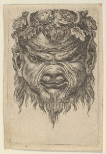くぼんだ鼻と樫の葉の花輪を持つサテュロス マスク 1635-45。 作： Francois Chauveau