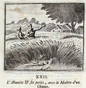 アルエットとその小人たちと、畑の主。ジャン・ド・ラ・フォンテーヌ（1621-95）の寓話。挿絵はフランソワ・ショーボー（1613-1676）。1728年の版。 作： Francois Chauveau