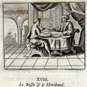 バッサと商人。ジャン・ド・ラ・フォンテーヌ（1621-95）の寓話。挿絵はフランソワ・ショーボー（1613-1676）。1728年の版。 作： Francois Chauveau