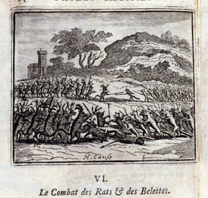 ネズミとイタチの戦い。ジャン・ド・ラ・フォンテーヌ（1621-95）の寓話。挿絵はフランソワ・ショーボー（1613-1676）。1728年の版。 作： Francois Chauveau