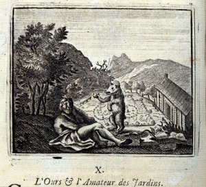 熊と庭の素人。ジャン・ド・ラ・フォンテーヌ(1621-95)の寓話。挿絵はフランソワ・ショーボー（1613-1676）。1728年の版。 作： Francois Chauveau