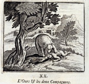 熊と二人の仲間たちジャン・ド・ラ・フォンテーヌ（1621-95）の寓話。挿絵はフランソワ・ショーボー（1613-1676）。1728年の版。 作： Francois Chauveau