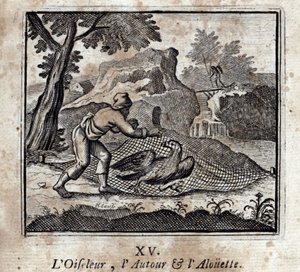 小鳥......アラウンド......アルエットジャン・ド・ラ・フォンテーヌ（1621-95）の寓話。挿絵はフランソワ・ショーボー（1613-1676）。1728年の版。 作： Francois Chauveau