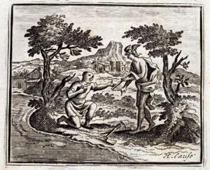 ブシュロンとマーキュリー」。ジャン・ド・ラ・フォンテーヌ(1621-95)の寓話。挿絵はフランソワ・ショーボー（1613-1676）。1728年の版。 作： Francois Chauveau