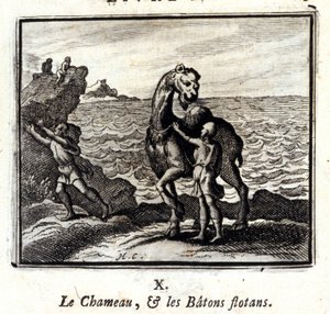 ラクダと浮き輪の棒。ジャン・ド・ラ・フォンテーヌ（1621-95）の寓話。挿絵はフランソワ・ショーボー（1613-1676）。1728年の版。 作： Francois Chauveau