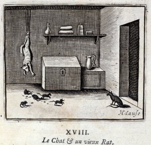 猫と老鼠。ジャン・ド・ラ・フォンテーヌ（1621-95）の寓話。挿絵はフランソワ・ショーボー（1613-1676）。1728年の版。 作： Francois Chauveau