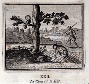 猫とネズミ。ジャン・ド・ラ・フォンテーヌ（1621-95）の寓話。挿絵はフランソワ・ショーボー（1613-1676）。1728年の版。 作： Francois Chauveau
