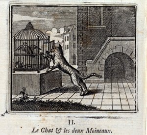 猫と二匹のスズメ。ジャン・ド・ラ・フォンテーヌ（1621-95）の寓話。挿絵はフランソワ・ショーボー（1613-1676）。1728年の版。