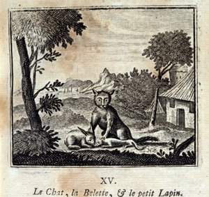 ネコとイタチと小ウサギ。ジャン・ド・ラ・フォンテーヌ（1621-95）の寓話。挿絵はフランソワ・ショーボー（1613-1676）。1728年の版。 作： Francois Chauveau