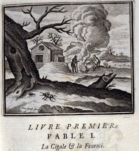 シガールと蟻。ジャン・ド・ラ・フォンテーヌ（1621-95）の寓話。挿絵はフランソワ・ショーボー（1613-1676）。1728年の版。 作： Francois Chauveau