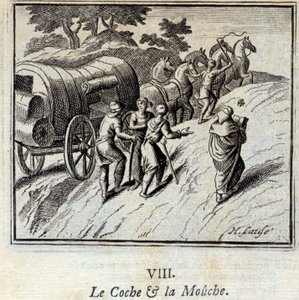 コシェとハエ。ジャン・ド・ラ・フォンテーヌ（1621-95）の寓話。挿絵はフランソワ・ショーボー（1613-1676）。1728年の版。 作： Francois Chauveau
