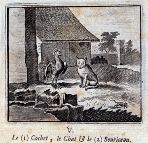 コシェ......猫......ネズミジャン・ド・ラ・フォンテーヌ（1621-95）の寓話。挿絵はフランソワ・ショーボー（1613-1676）。1728年の版。 作： Francois Chauveau