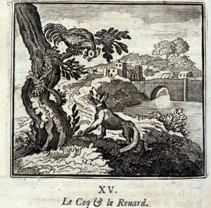 コックとキツネ。ジャン・ド・ラ・フォンテーヌ（1621-95）の寓話。挿絵はフランソワ・ショーボー（1613-1676）。1728年の版。 作： Francois Chauveau