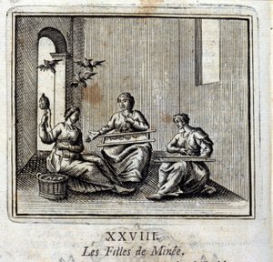 ミニーの娘たち」。ジャン・ド・ラ・フォンテーヌ（1621-95）の寓話。挿絵はフランソワ・ショーボー（1613-1676）。1728年の版。