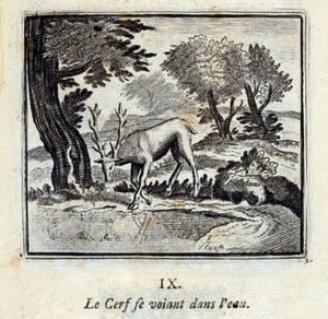 水の中に自分を見る鹿。ジャン・ド・ラ・フォンテーヌ（1621-95）の寓話。挿絵はフランソワ・ショーボー（1613-1676）。1728年の版。 作： Francois Chauveau