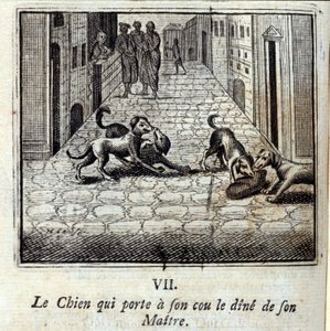主人のダインを首にかけている犬がいる。ジャン・ド・ラ・フォンテーヌ（1621-95）の寓話。挿絵はフランソワ・ショーボー（1613-1676）。1728年の版。 作： Francois Chauveau
