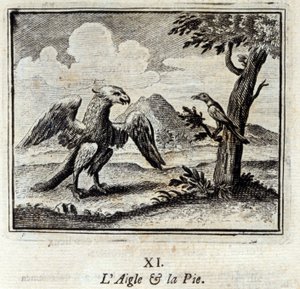 鷲とピウス。ジャン・ド・ラ・フォンテーヌ（1621-95）の寓話。挿絵はフランソワ・ショーボー（1613-1676）。1728年の版。 作： Francois Chauveau