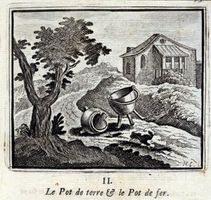 土鍋と鉄鍋。ジャン・ド・ラ・フォンテーヌ（1621-95）の寓話。挿絵はフランソワ・ショーボー（1613-1676）。1728年の版。 作： Francois Chauveau